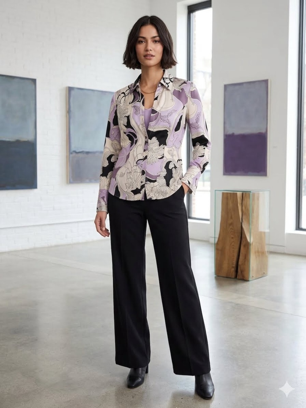 Talbots Lavender, Black & White Floral Button-Down Shirt